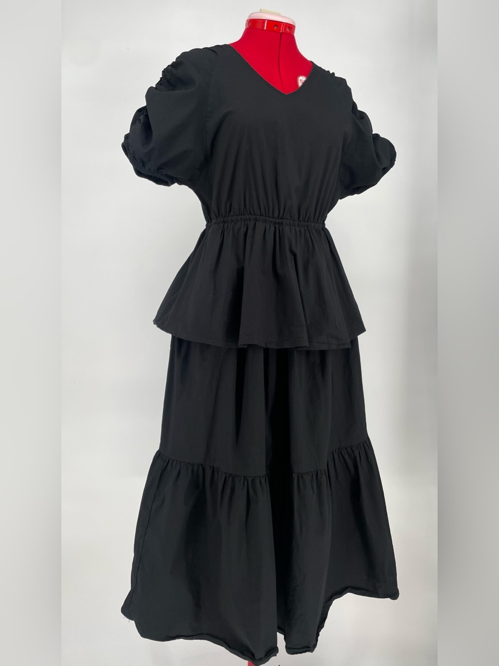 Black Tiered Casual Midi Cotton Stretch Dress Sundress Ruched Puff Sleeves